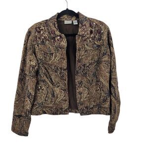 Vintage Wool Blend Trucker Jacket Blazer Shacket M Brown Gold Paisley‎ Jacquard